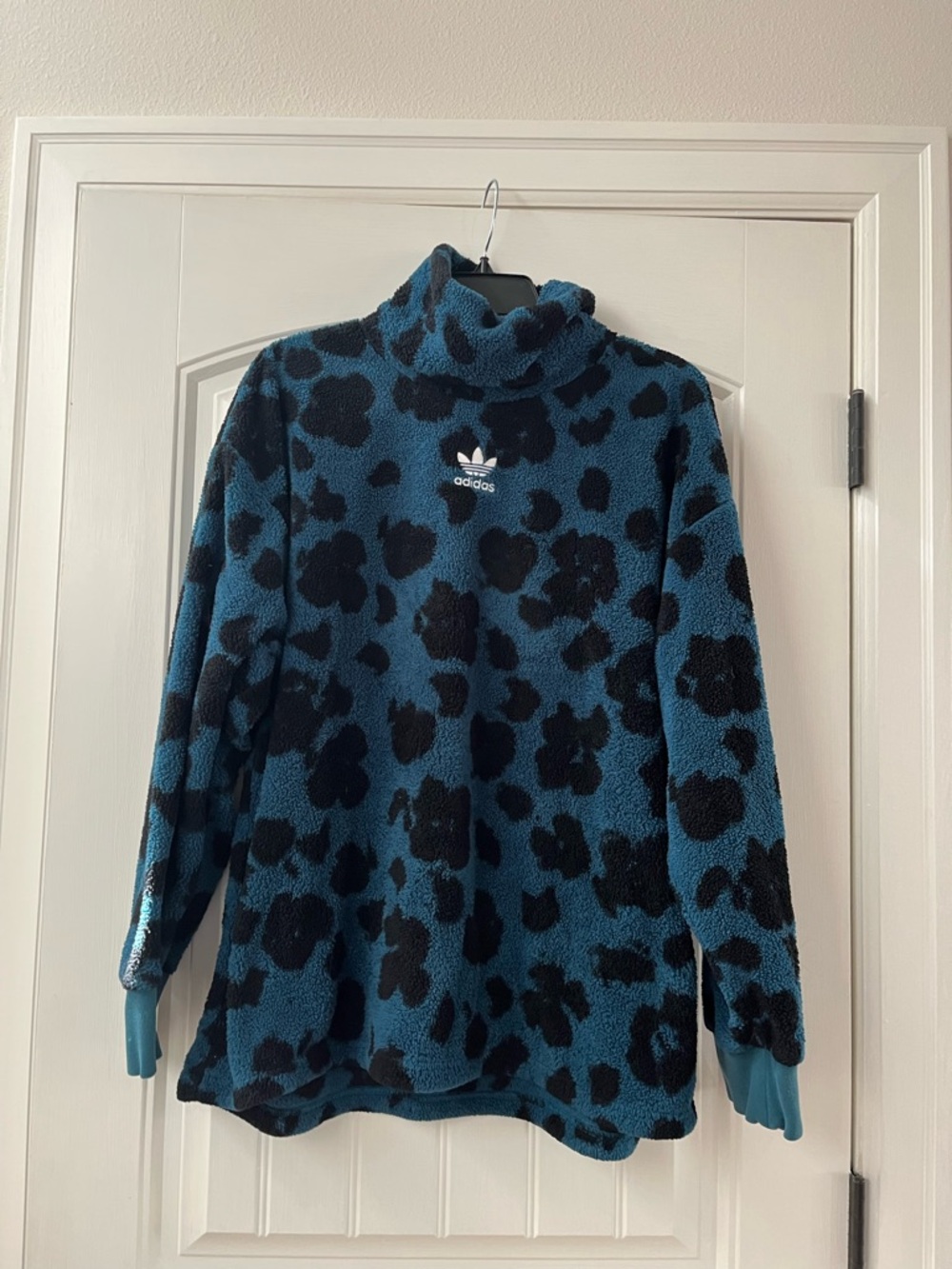 adidas Teal and Black Floral Sherpa Turtleneck Pullover